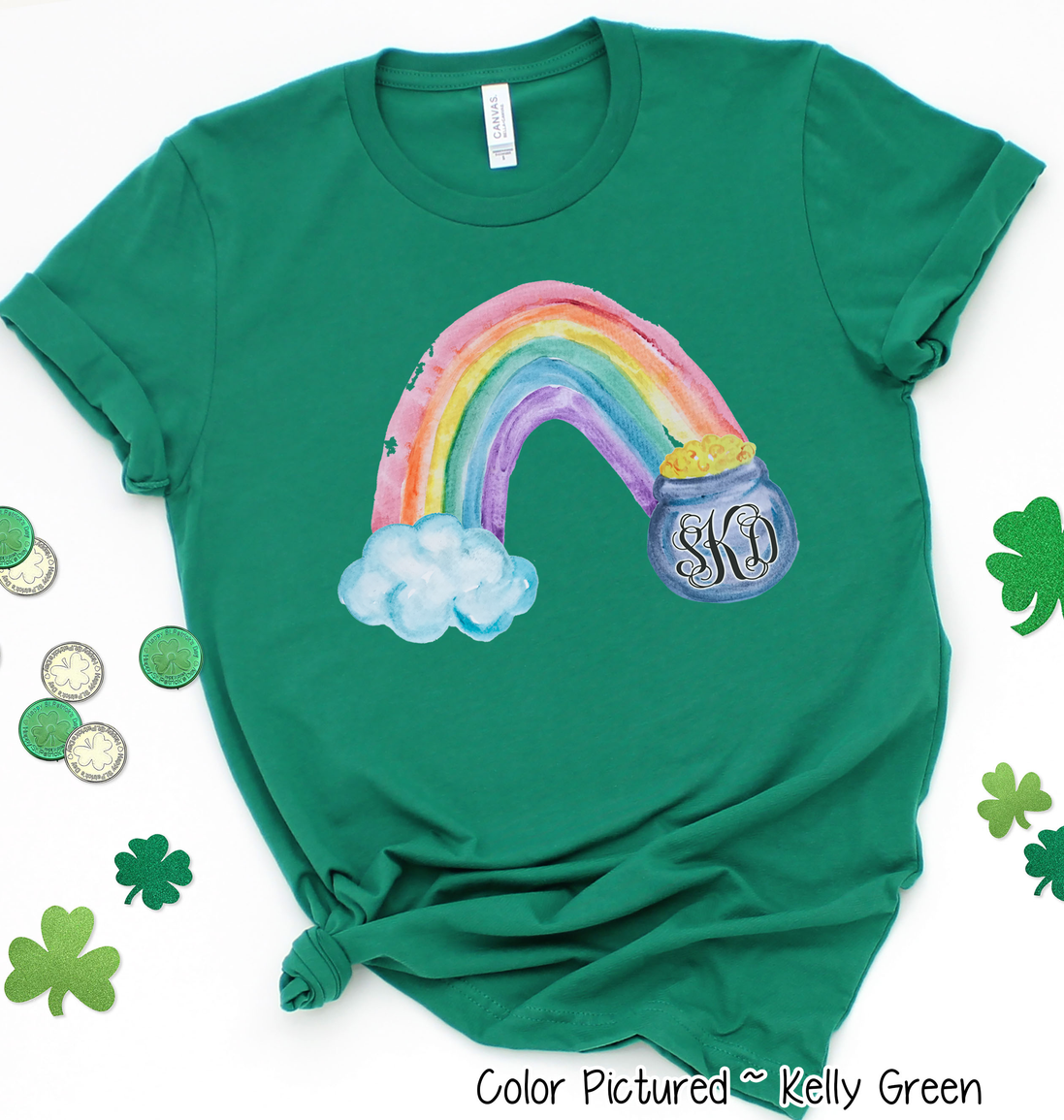 Monogram Watercolor Rainbow & Pot of Gold St Patricks Day Tee