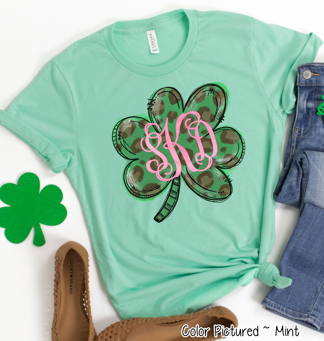 Monogram Green Leopard Shamrock St Patricks Day Tee