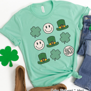 Monogram Retro Smiley Face & Shamrock St Patricks Day Tee