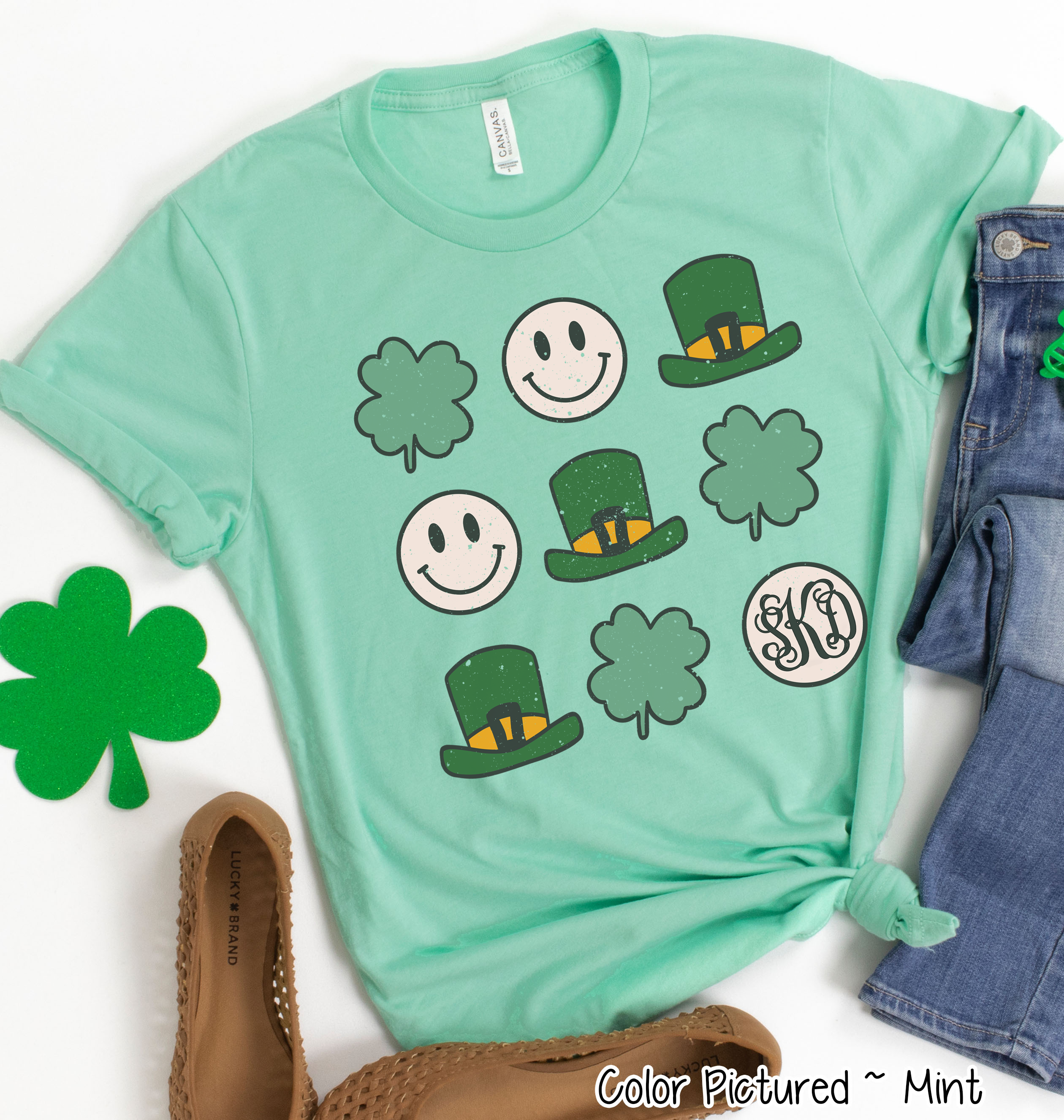 Monogram Retro Smiley Face & Shamrock St Patricks Day Tee
