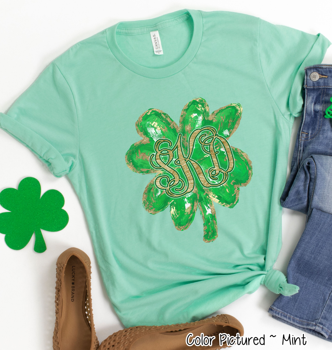 Monogram Gold Accent Clover St Patricks Day Tee