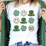 Monogram Retro Smiley Face & Shamrock St Patricks Day Tee