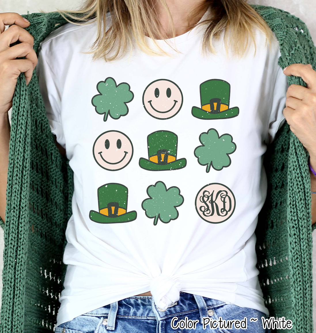 Monogram Retro Smiley Face & Shamrock St Patricks Day Tee