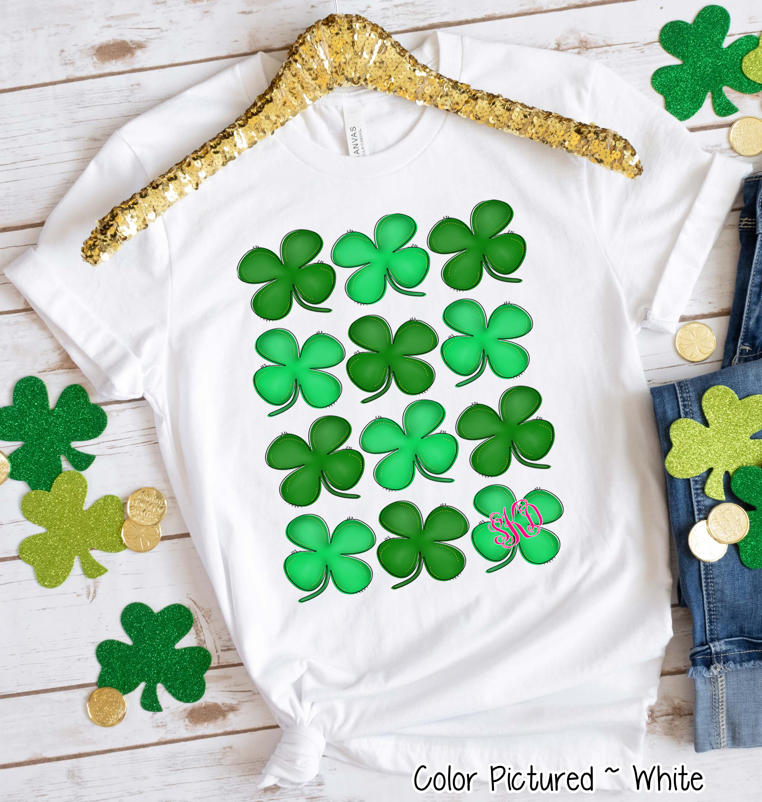 Monogram Rows of St Patricks Day Clovers Tee