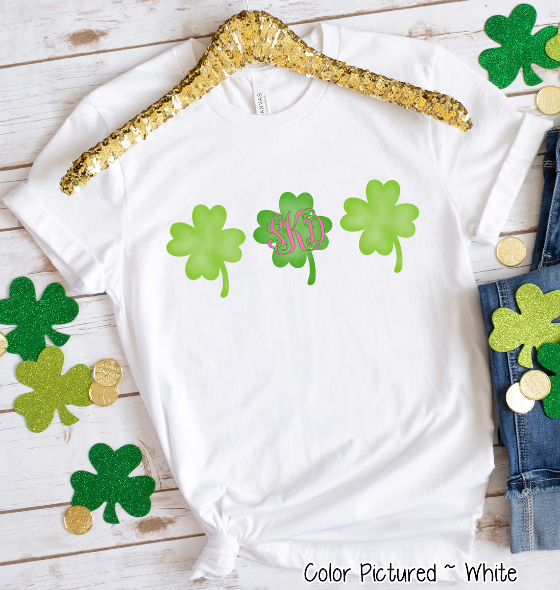 Monogram Watercolor Clover Trio St Patricks Day Tee