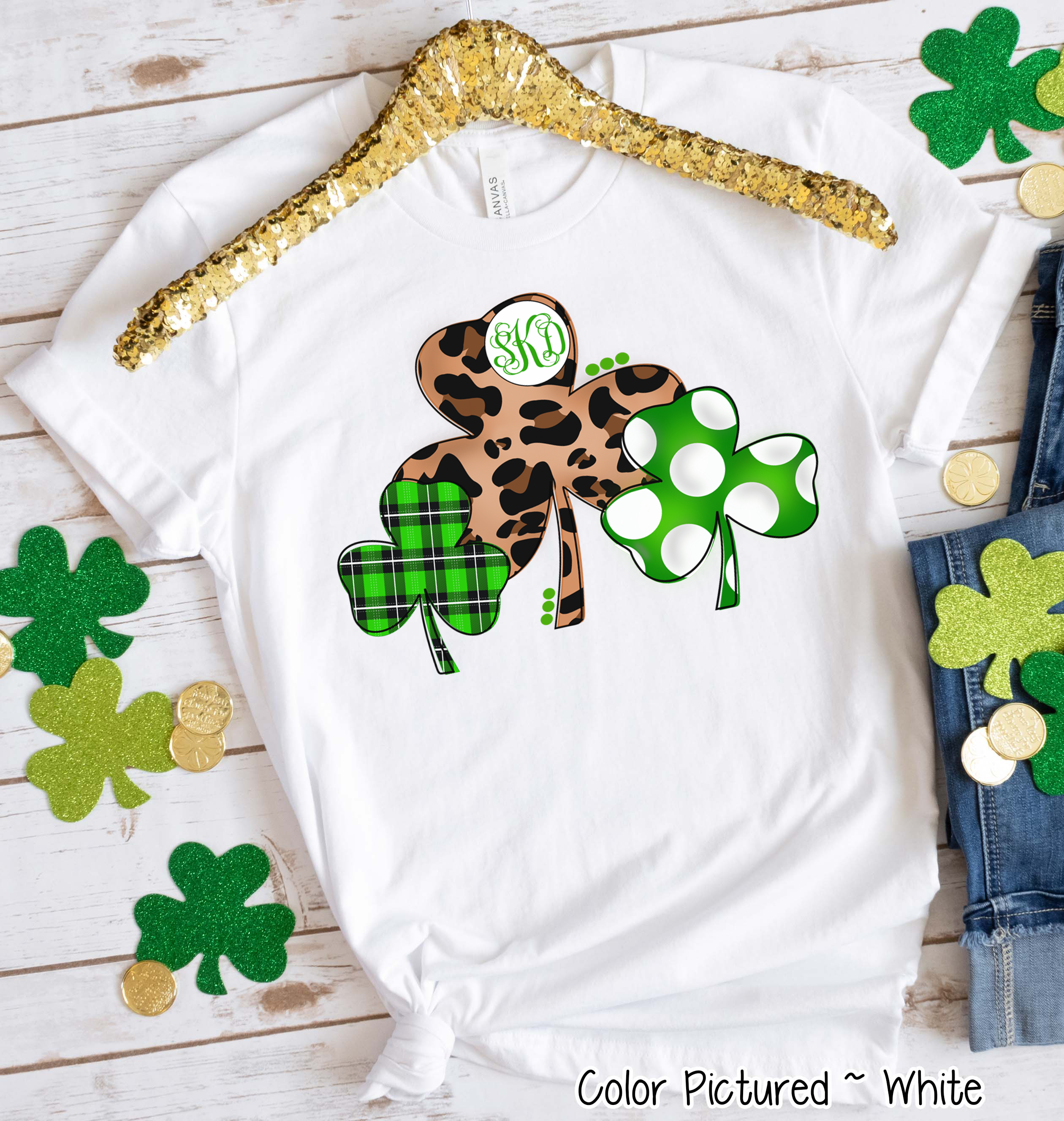 Monogram Leopard Plaid & Dot Shamrock Trio St Patricks Day Tee