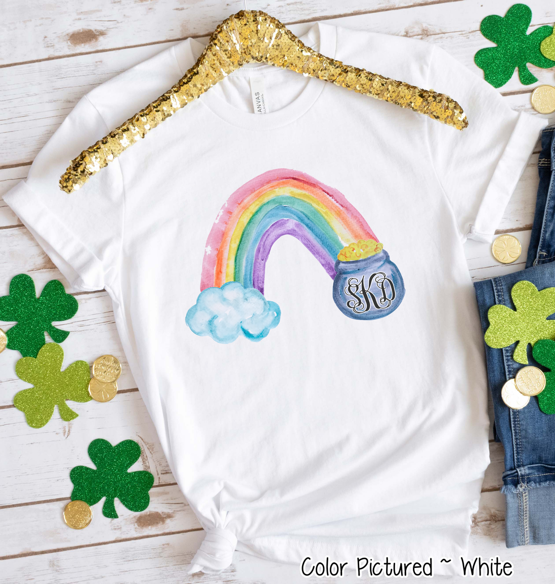 Monogram Watercolor Rainbow & Pot of Gold St Patricks Day Tee