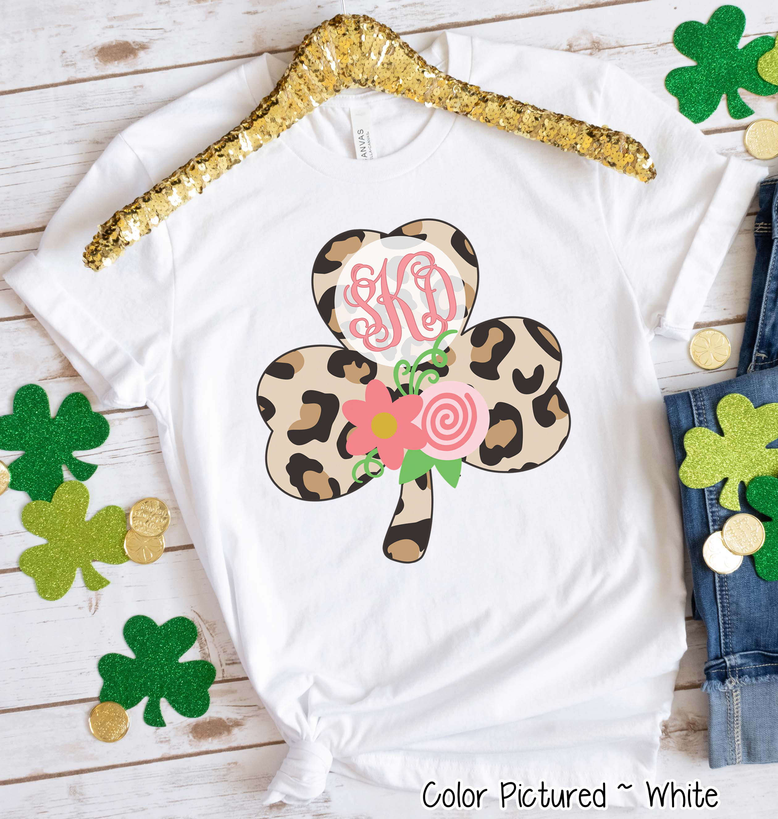 Monogram Leopard Shamrock St Patricks Day Tee