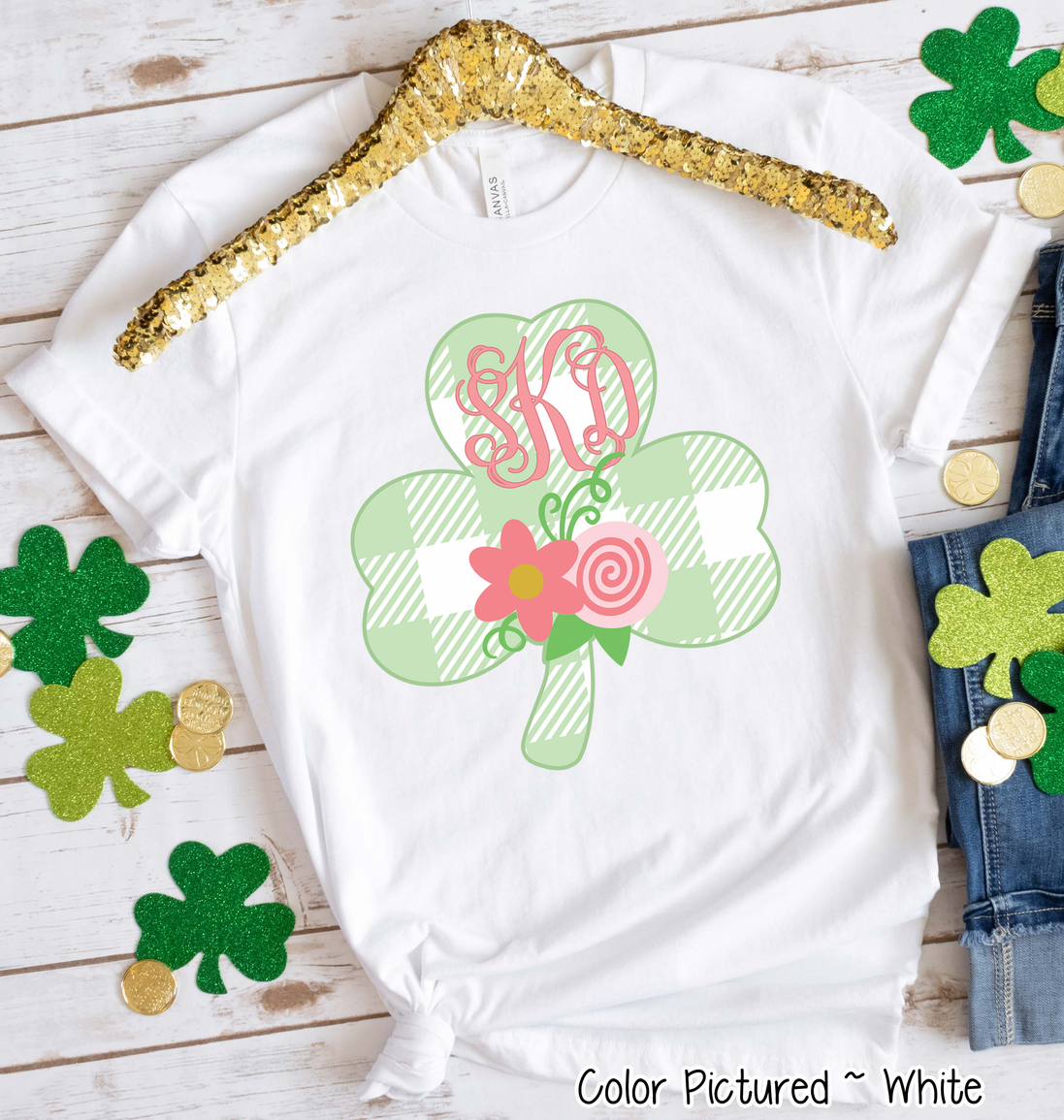 Monogram Buffalo Plaid Shamrock St Patricks Day Tee