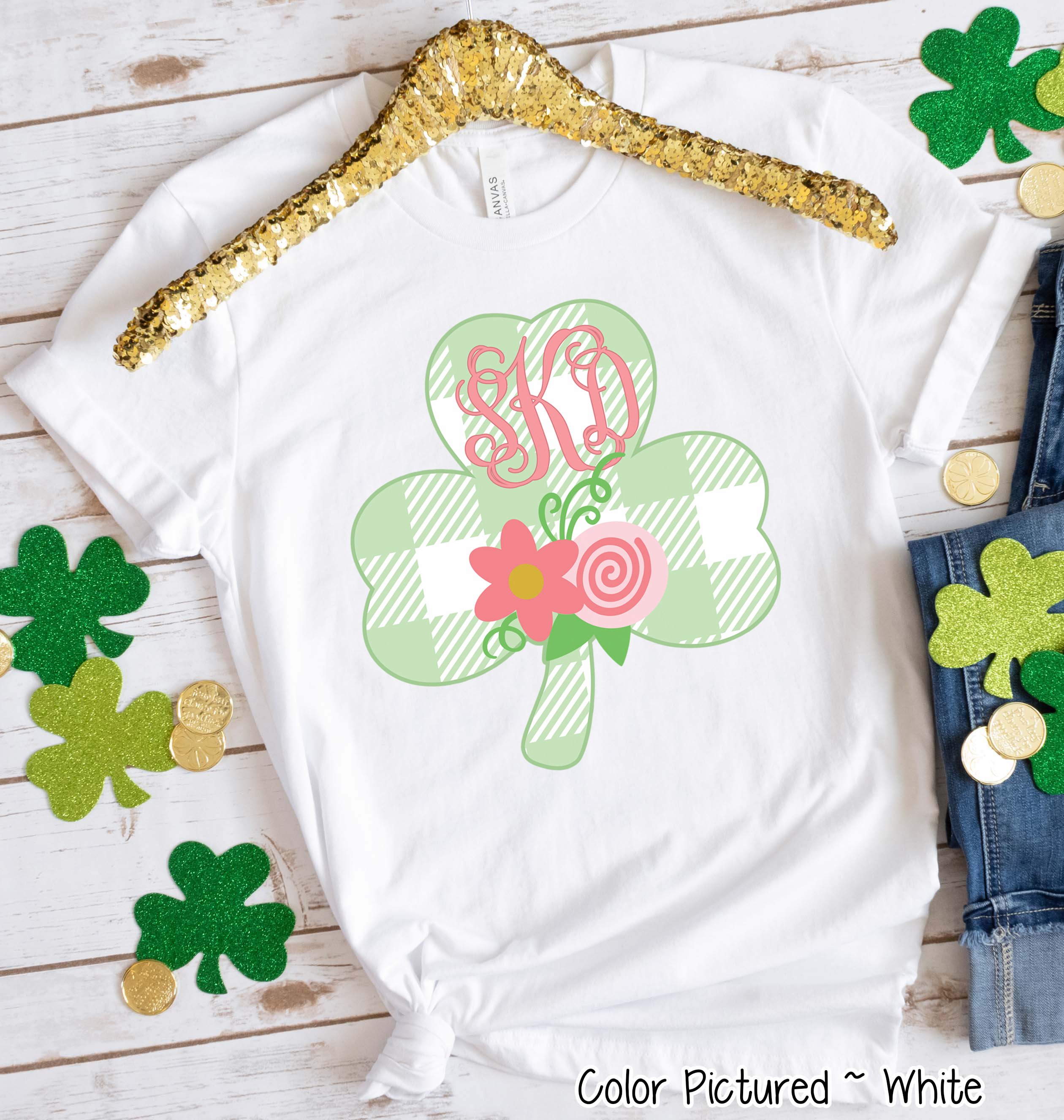 Monogram Buffalo Plaid Shamrock St Patricks Day Tee