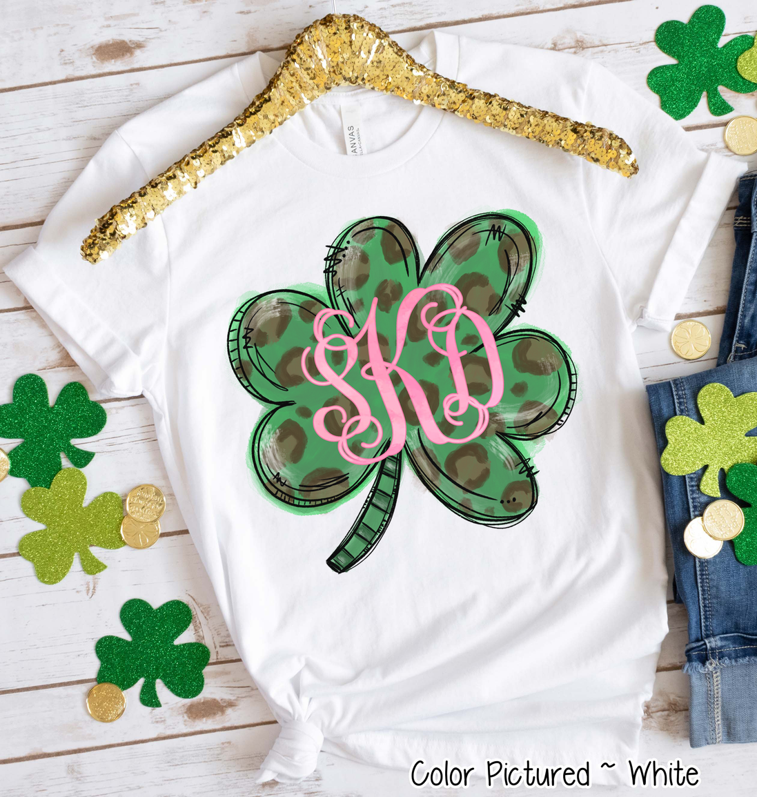 Monogram Green Leopard Shamrock St Patricks Day Tee