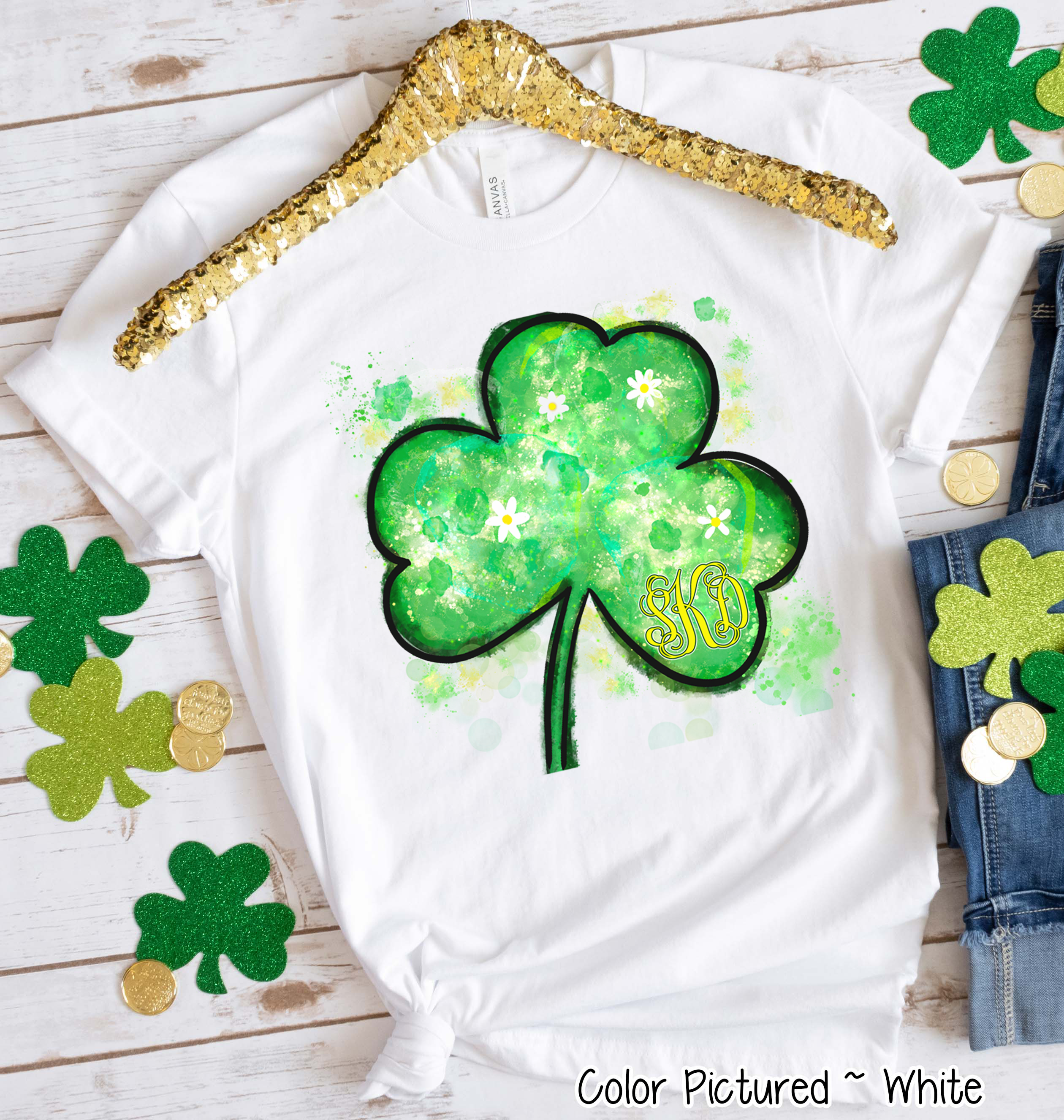 Monogram Watercolor Shamrock St Patricks Day Tee