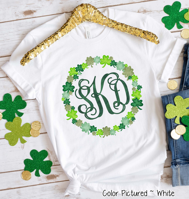 Monogram Watercolor Shamrock Wreath St Patricks Day Tee