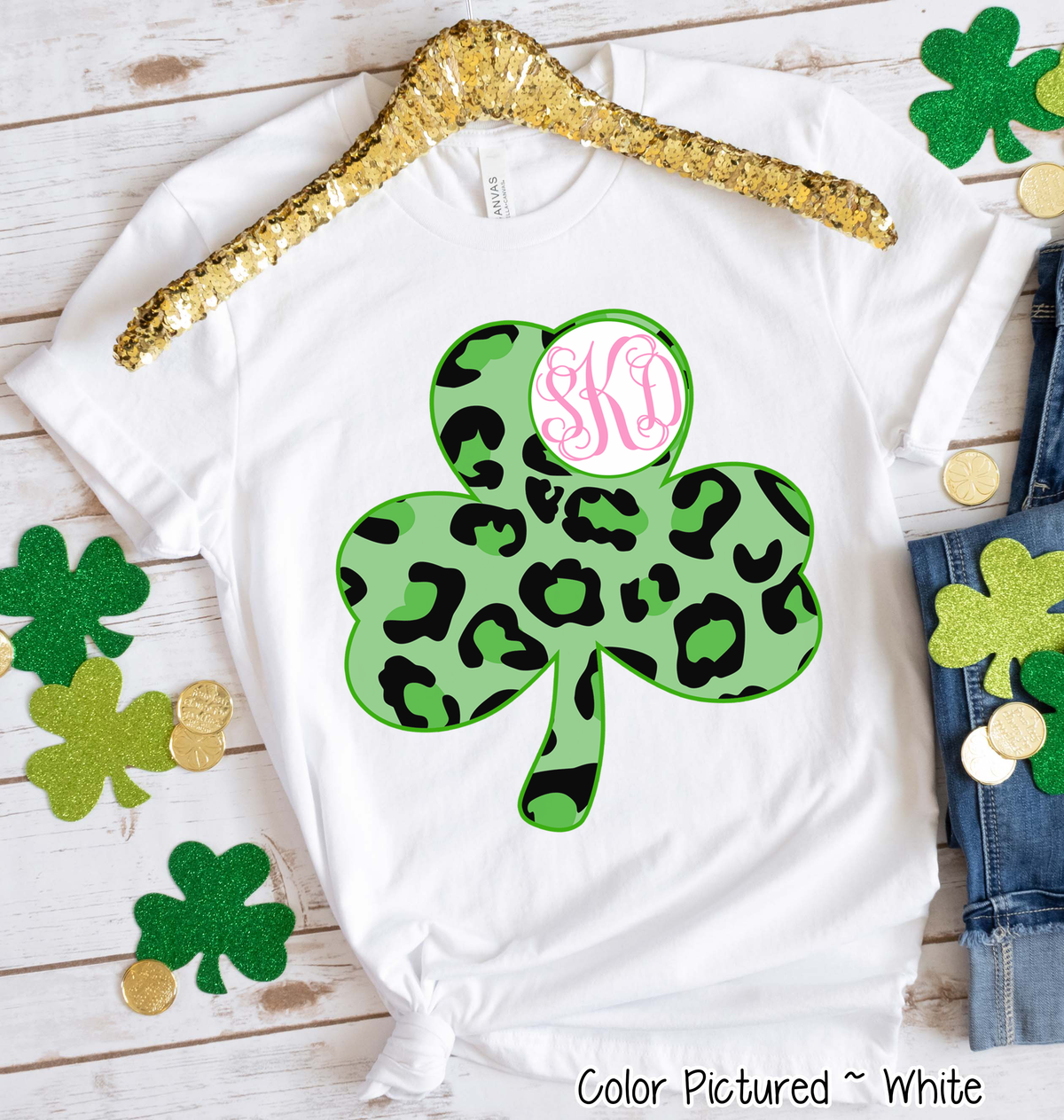 Monogram Green Leopard Shamrock St Patricks Day Tee