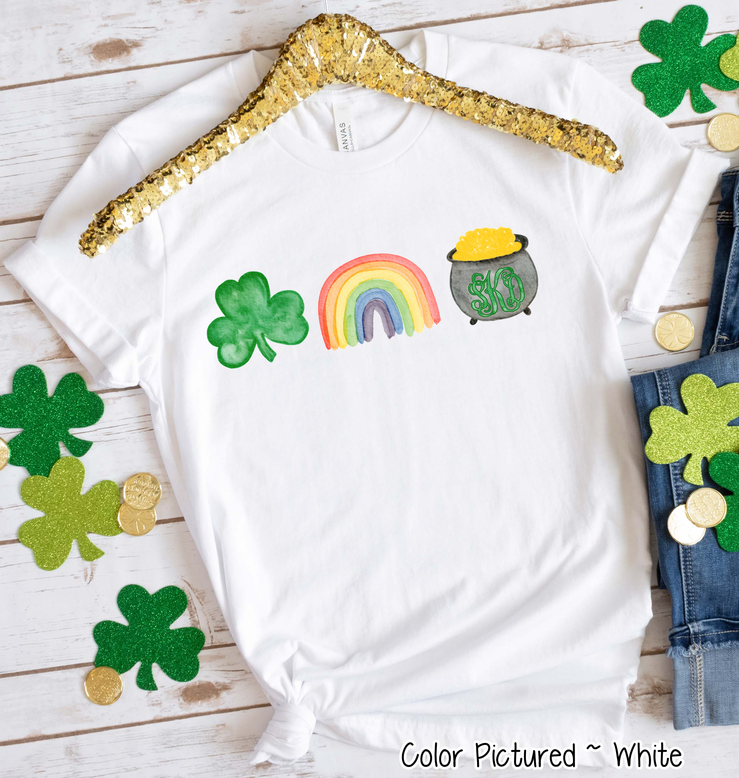 Monogram Shamrock Rainbow & Gold St Patricks Day Tee