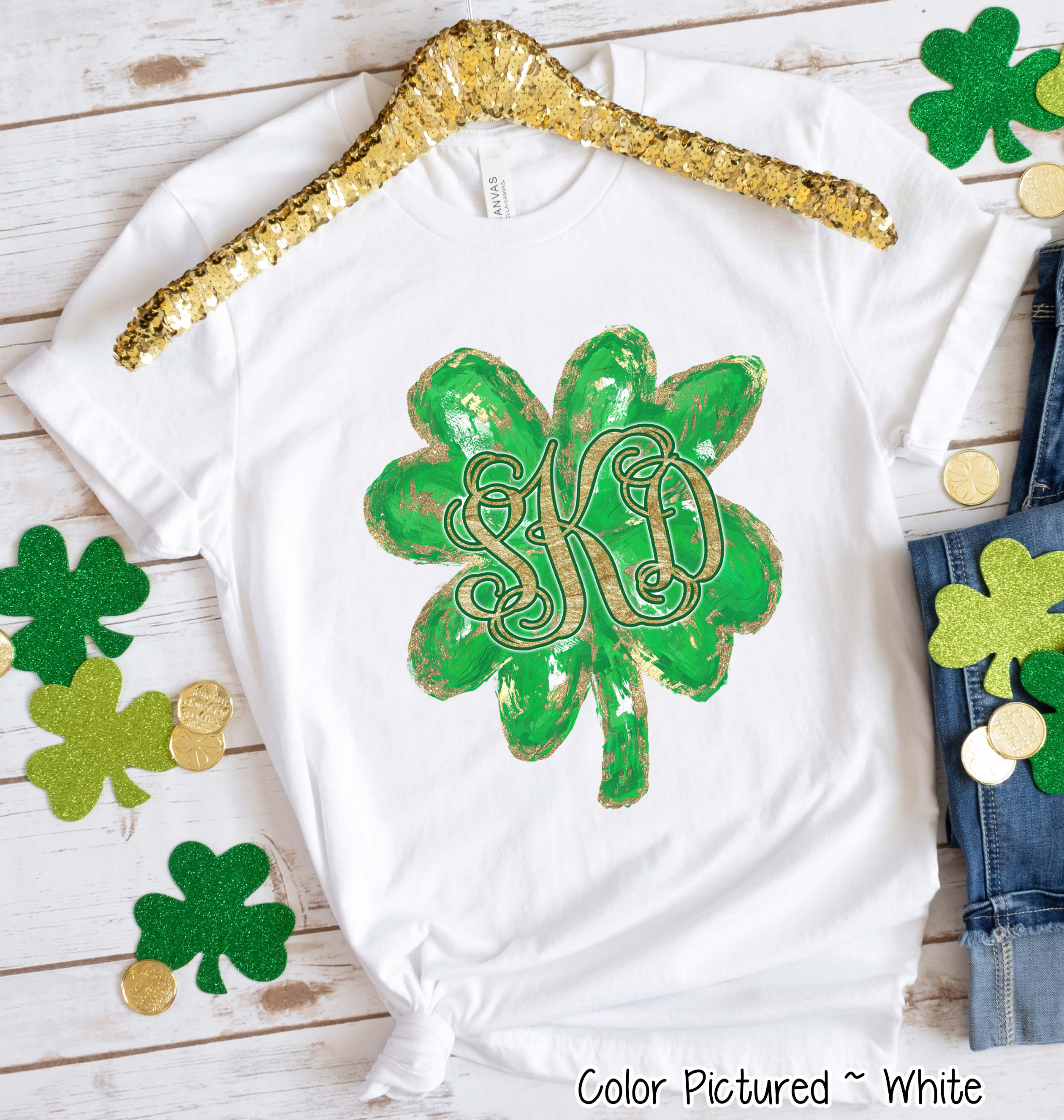 Monogram Gold Accent Clover St Patricks Day Tee