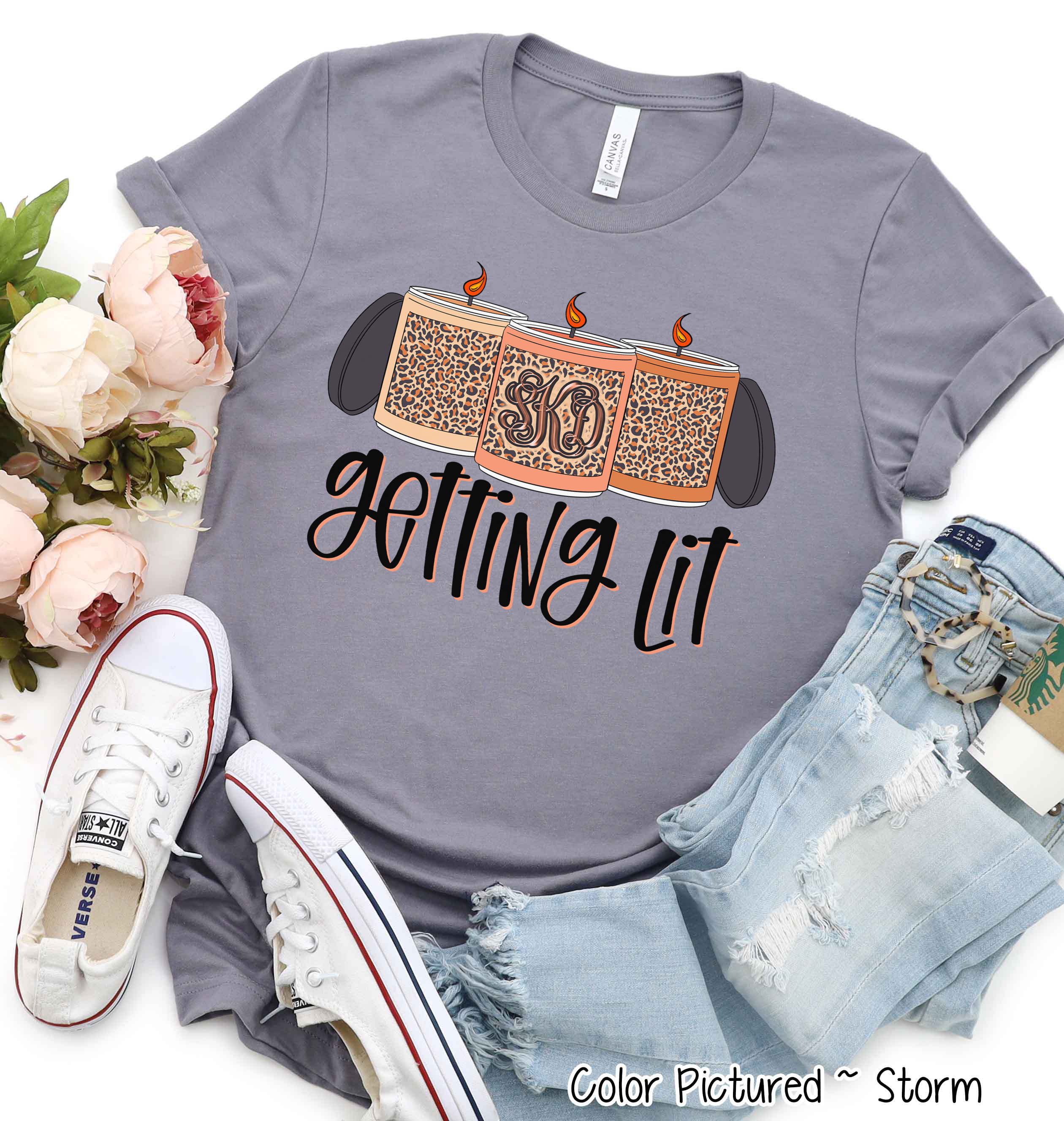 Getting Lit Fall Leopard Print Monogram Candles Tee