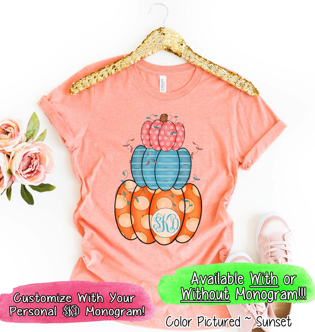 Colorful Stack of Cute Pumpkins with Monogram Fall Tee