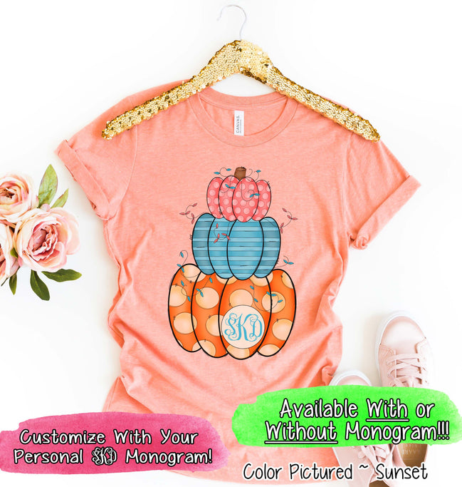Colorful Stack of Cute Pumpkins with Monogram Fall Tee
