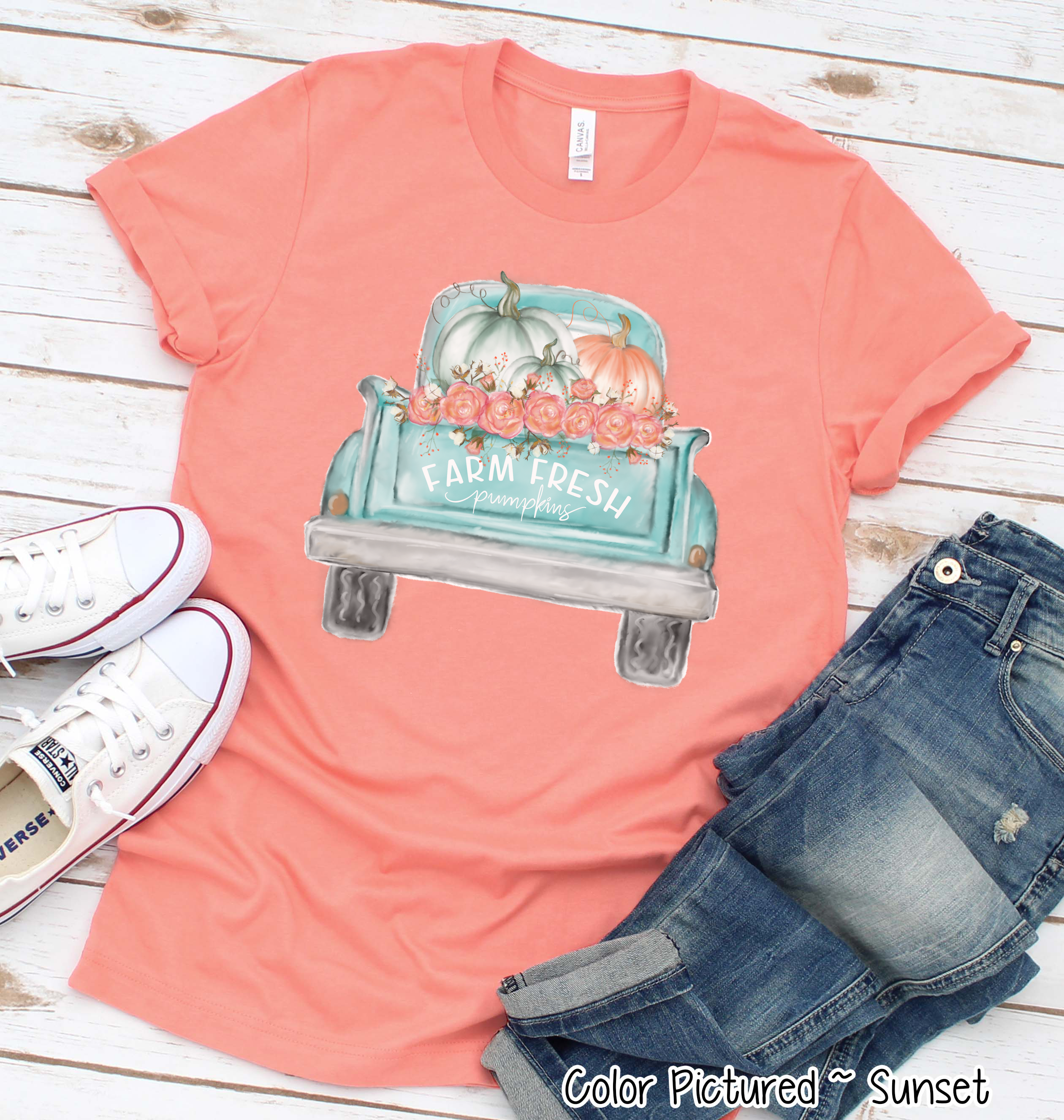 Watercolor Vintage Truck Pumpkin Fall Tee