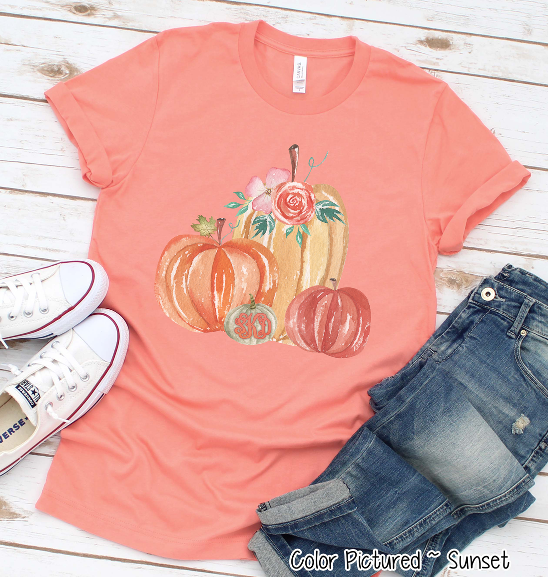 Monogram Watercolor Pumpkin Fall Tee