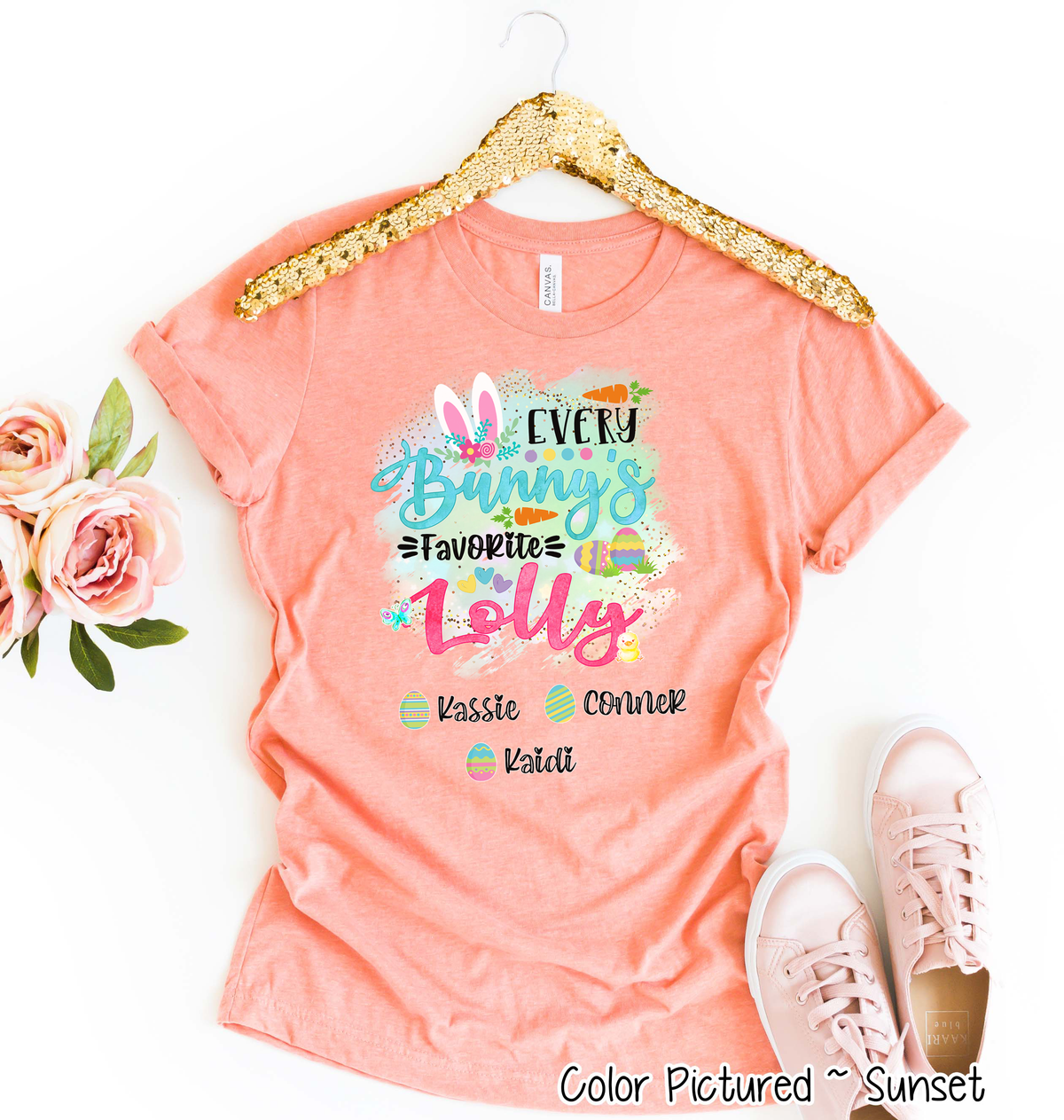 Personalized Shirt For Lolly Every Bunny's Favorite & Easter Eggs with Custom Grandkids Name Easter Day Tee