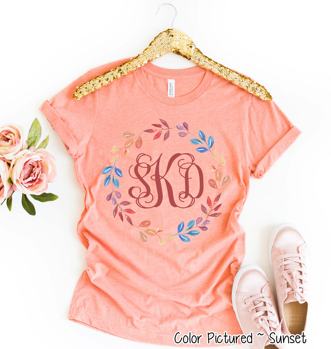 Monogram Watercolor Fall Leaf Wreath Tee