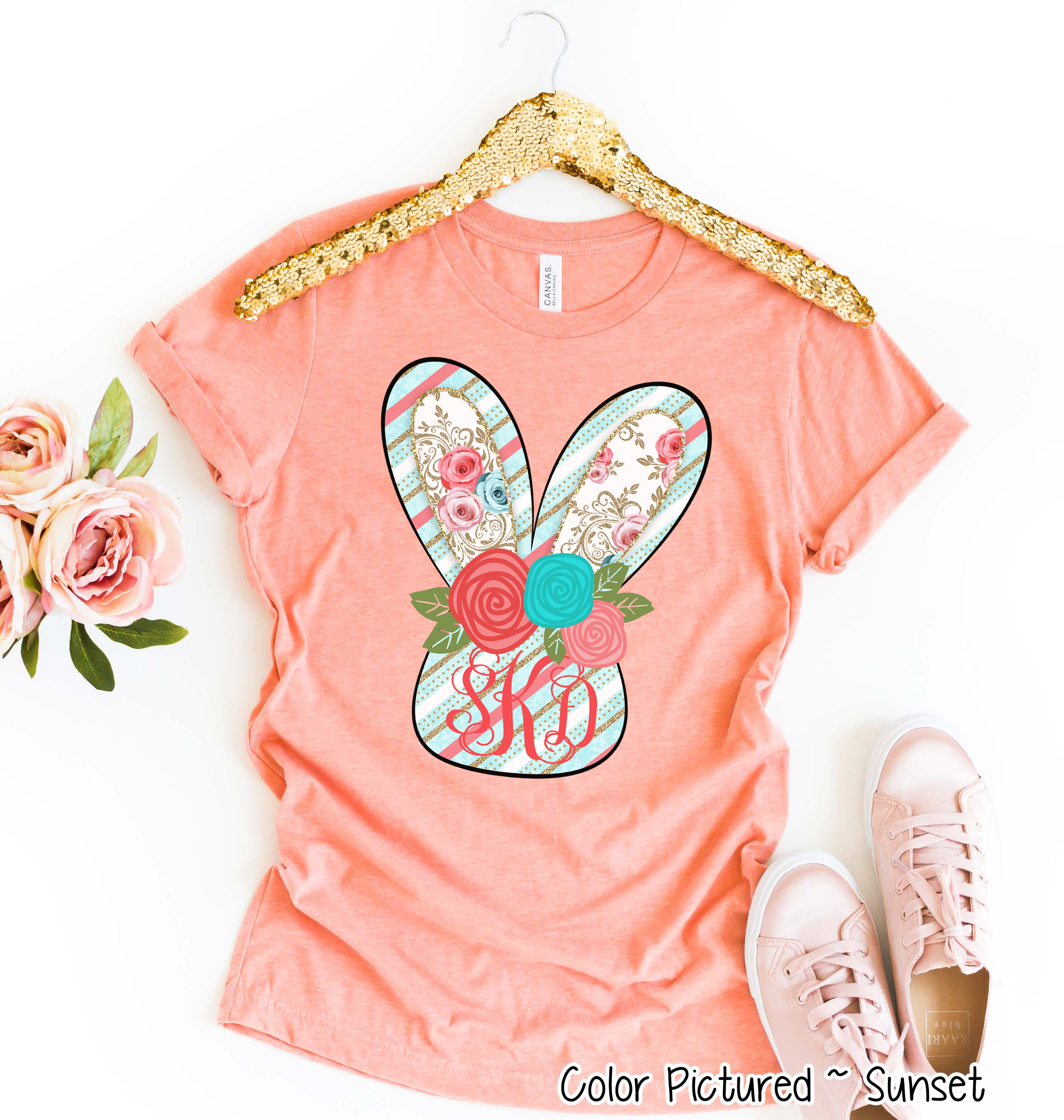 Monogram Blue and Rose Bunny Head Easter Tee