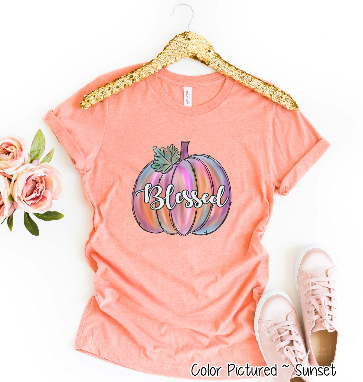 Pink Watercolor Blessed Pumpkin Tee