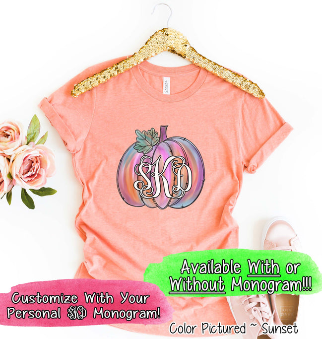 Pink Watercolor Monogram Pumpkin Tee