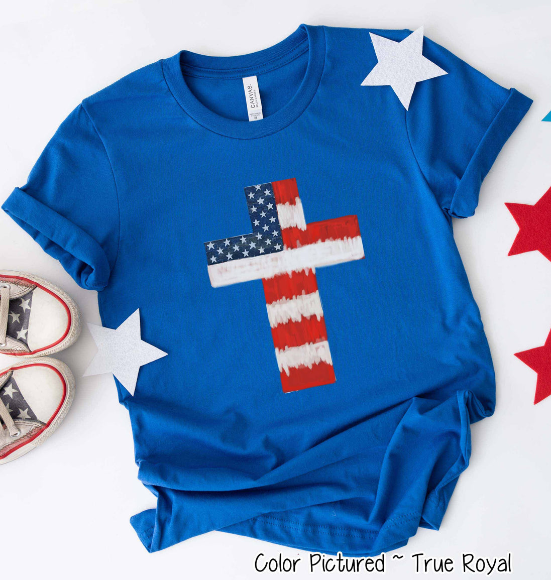 Watercolor American Flag Cross Tee
