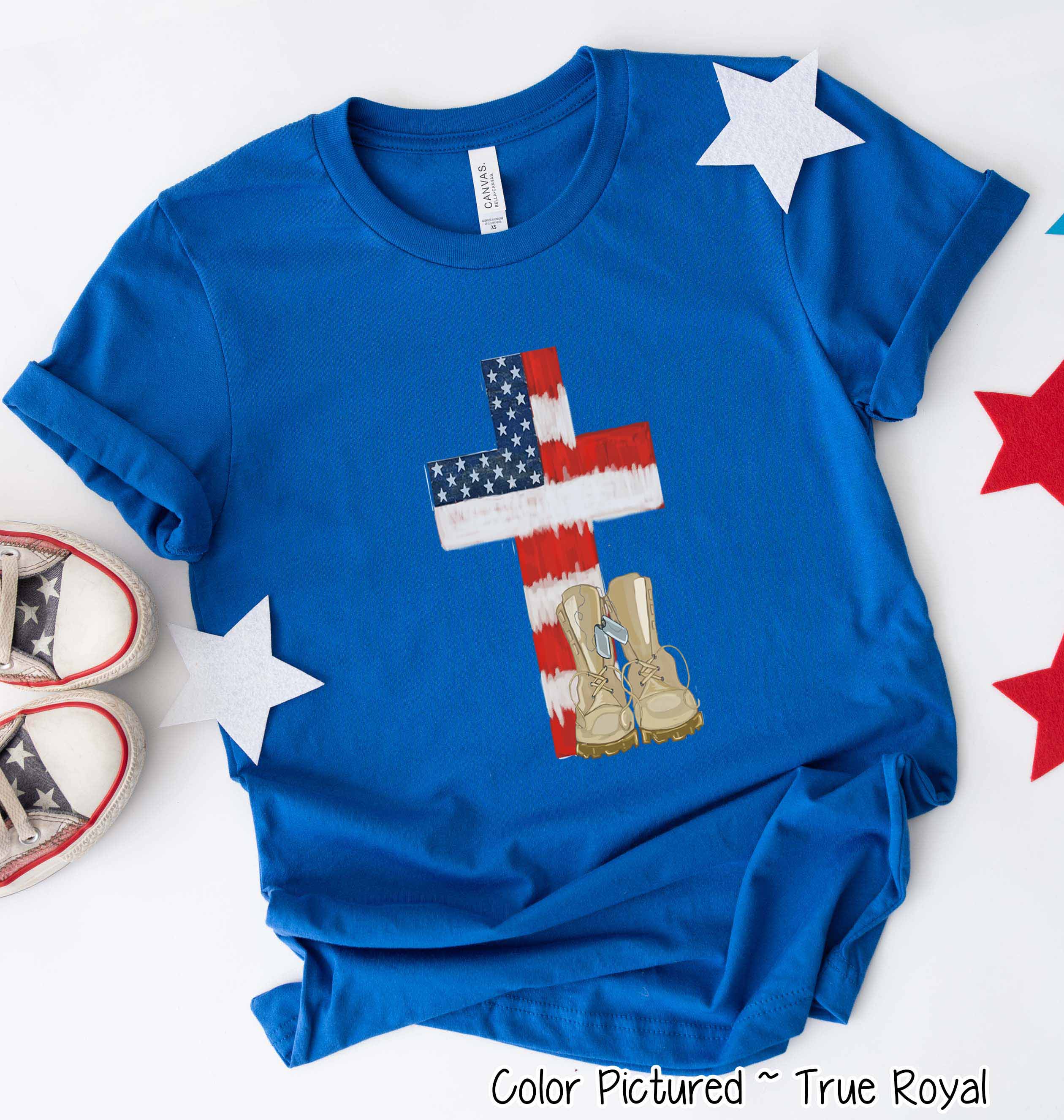 Watercolor American Flag Cross Tee with Military Boots