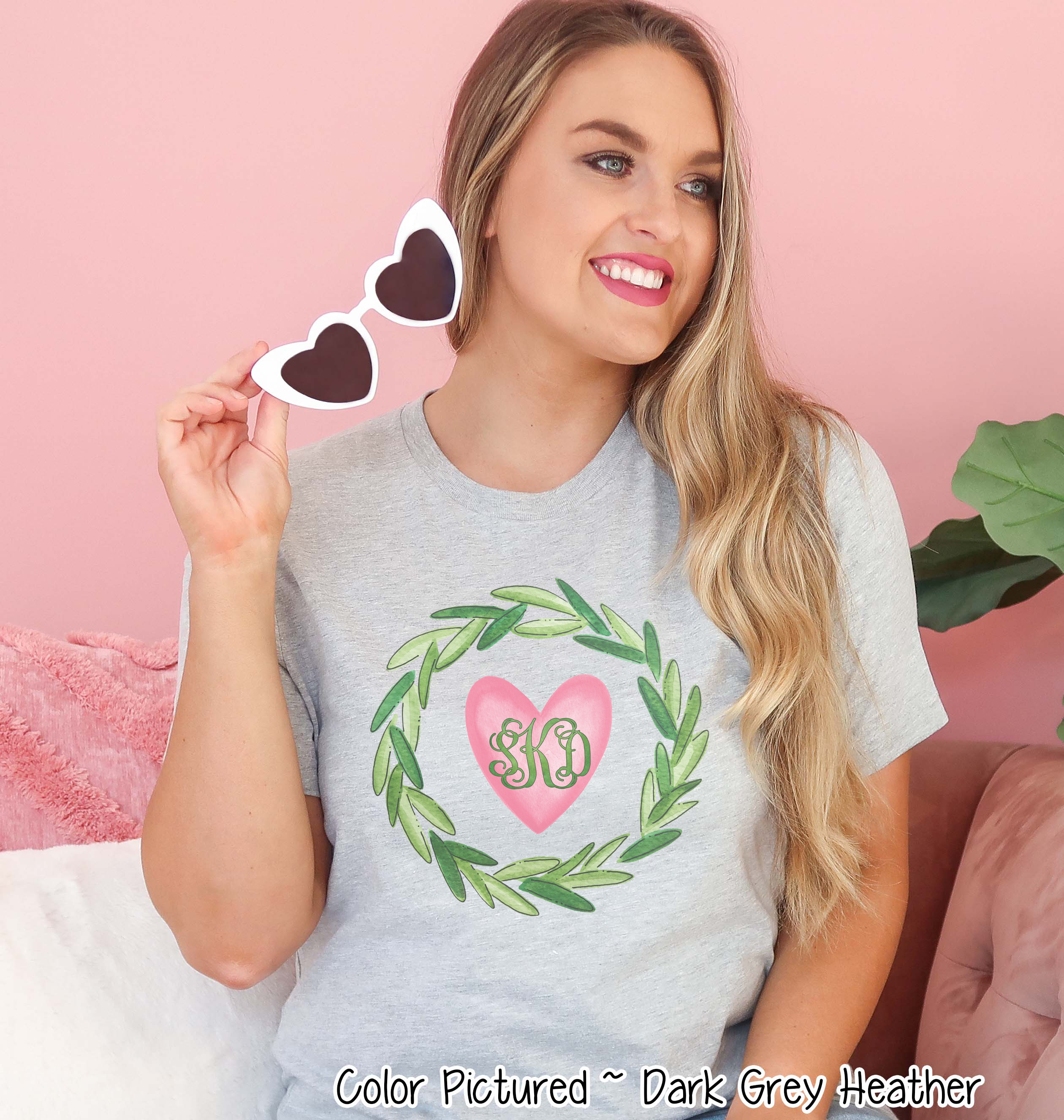 Monogram Green Wreath with Pink Heart Valentine Shirt