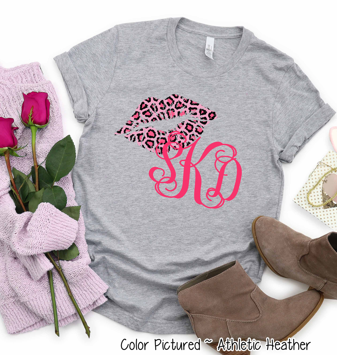 Monogram Pink Leopard Print Lips Valentine Shirt