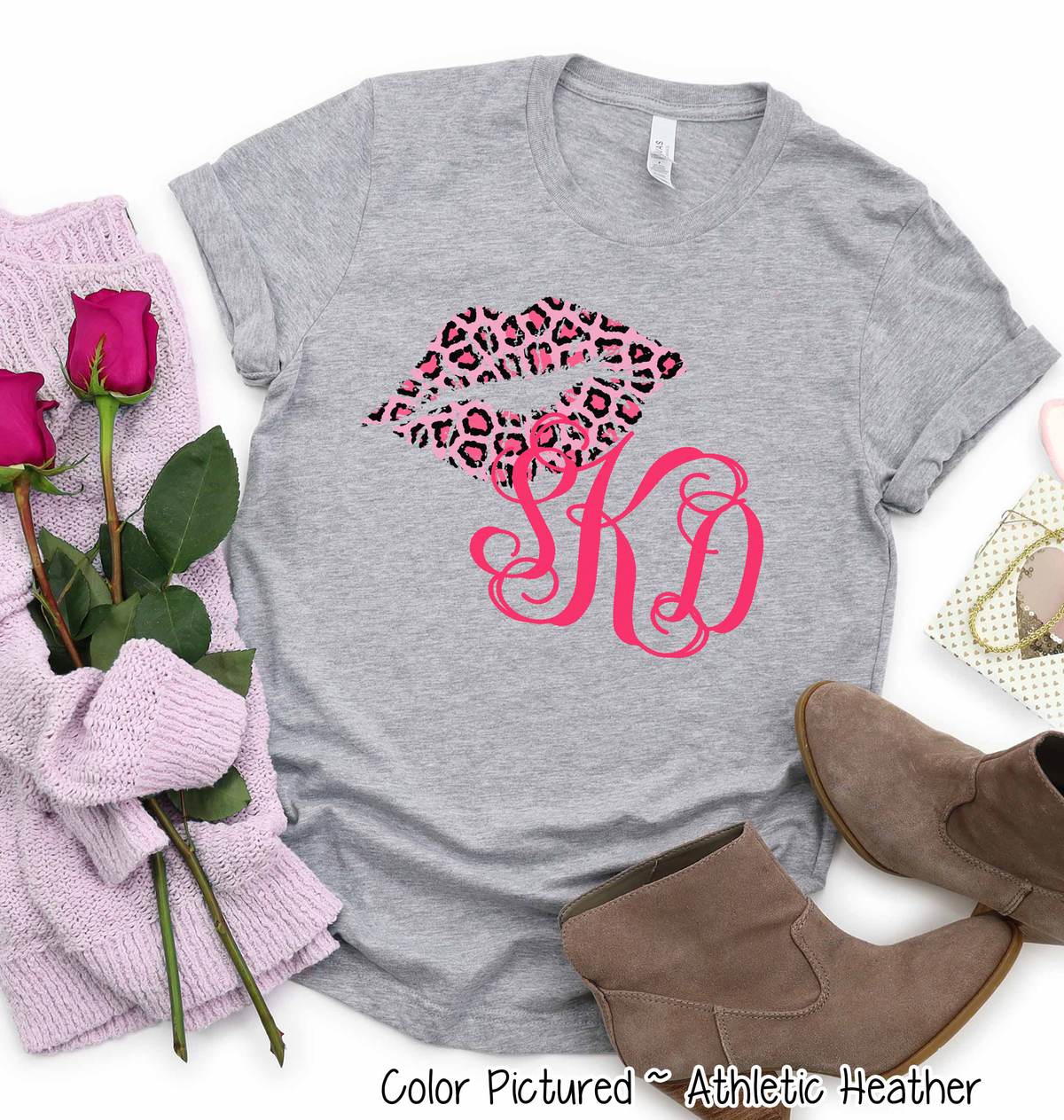 Monogram Pink Leopard Print Lips Valentine Shirt
