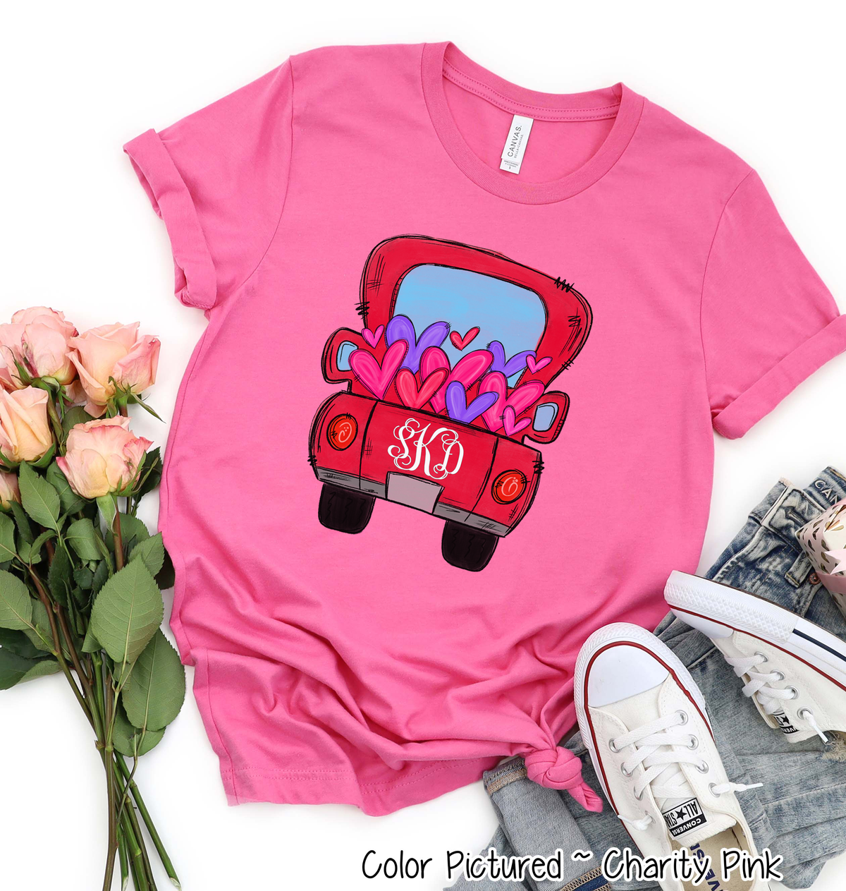 Monogram Red Truck with Hearts Valentine Shirt