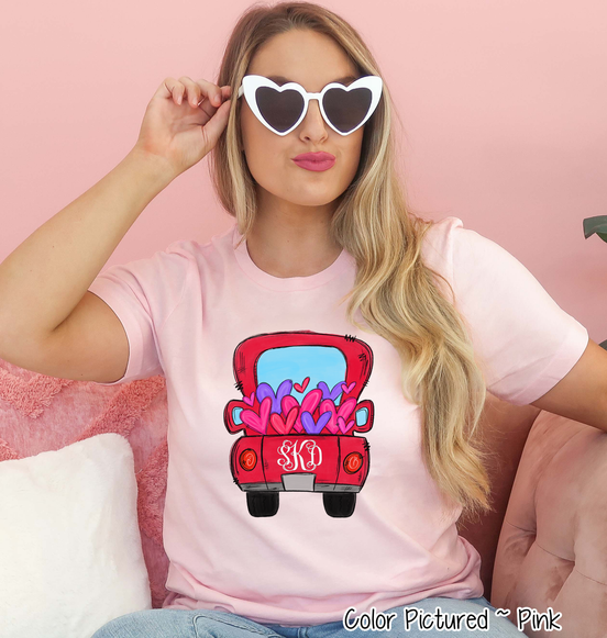 Monogram Red Truck with Hearts Valentine Shirt