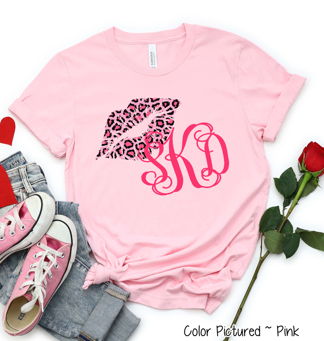 Monogram Pink Leopard Print Lips Valentine Shirt