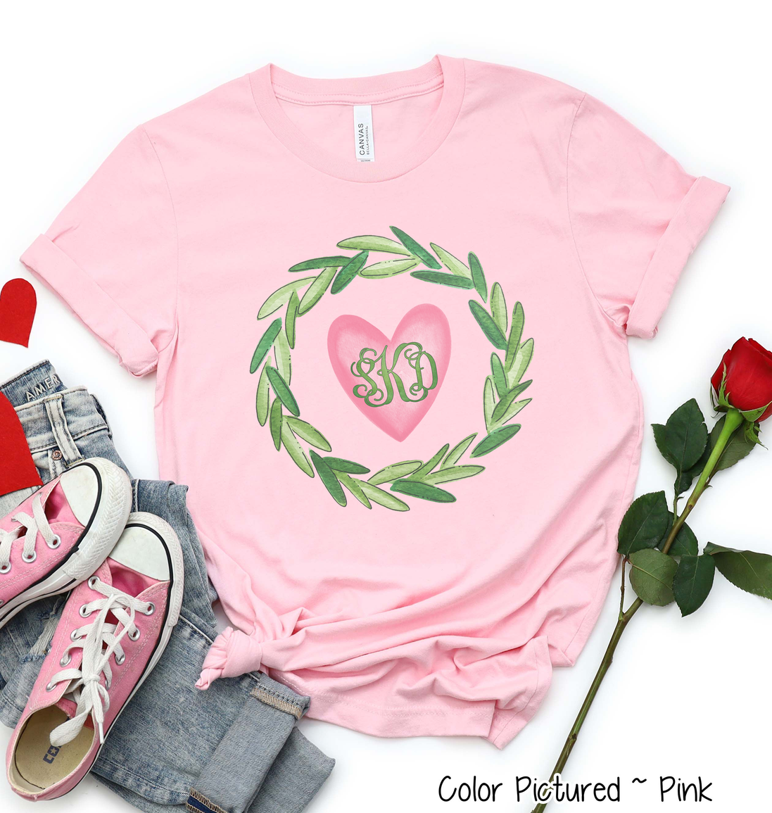 Monogram Green Wreath with Pink Heart Valentine Shirt