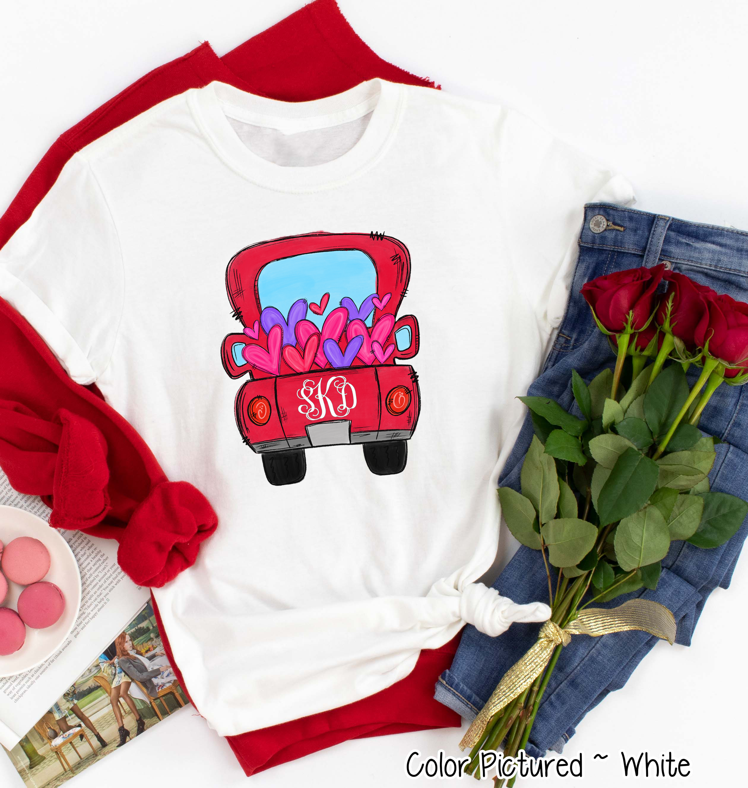 Monogram Red Truck with Hearts Valentine Shirt