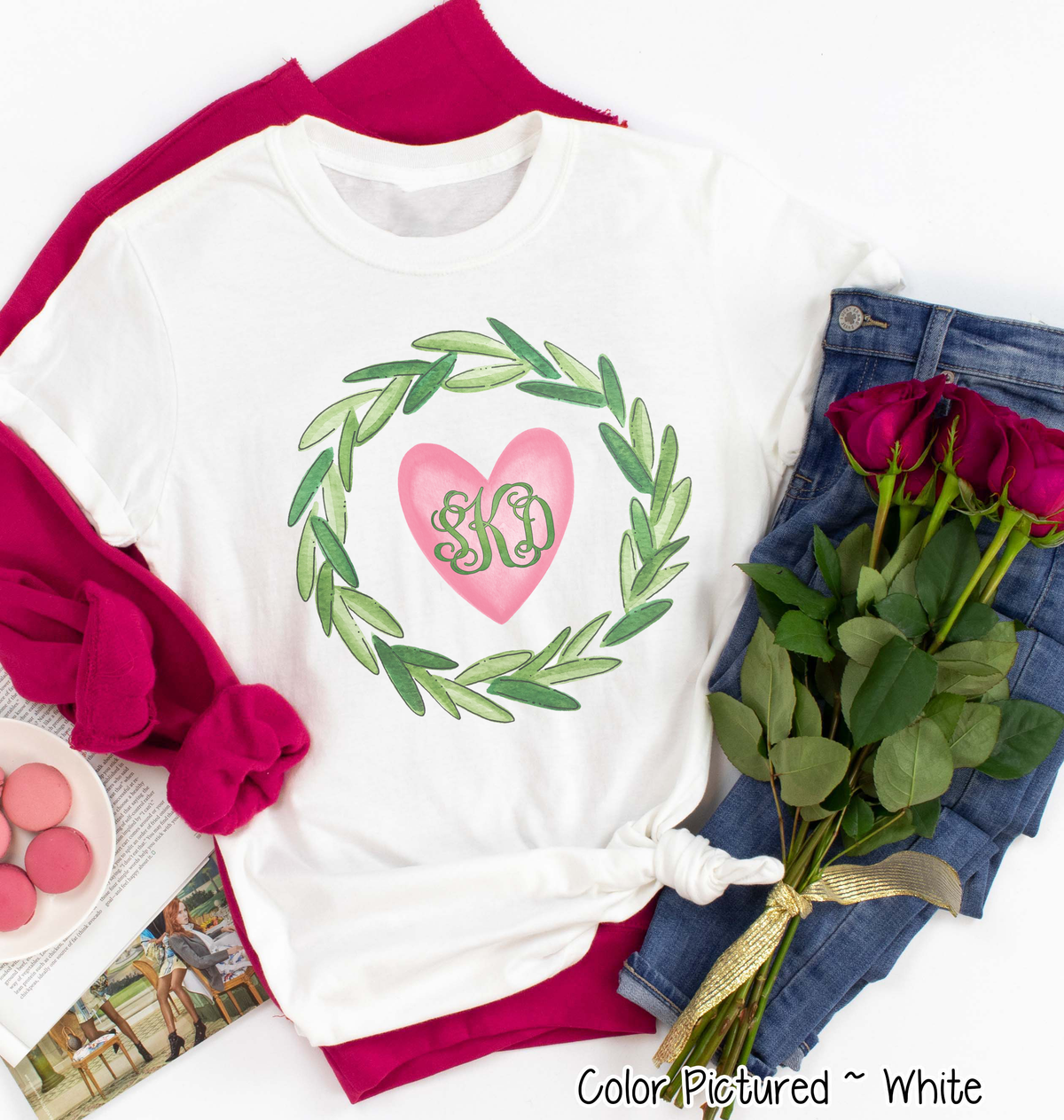 Monogram Green Wreath with Pink Heart Valentine Shirt