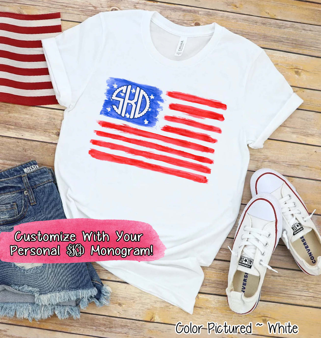 Watercolor American Flag with Monogram Tee
