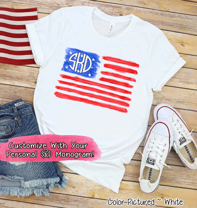 Watercolor American Flag with Monogram Tee
