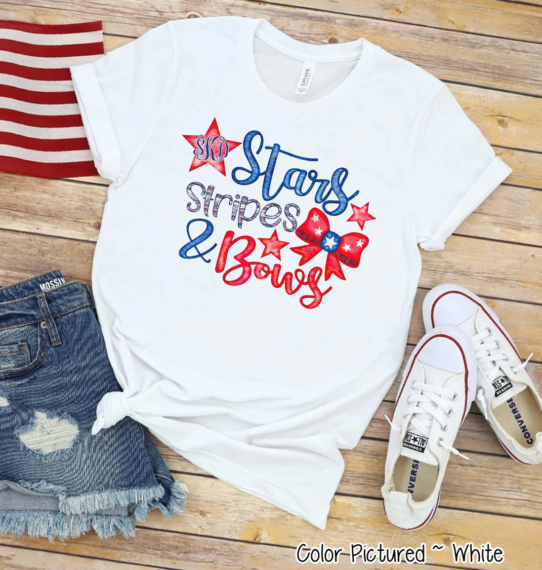 Patriotic Stars Stripes & Bows Monogram Tee