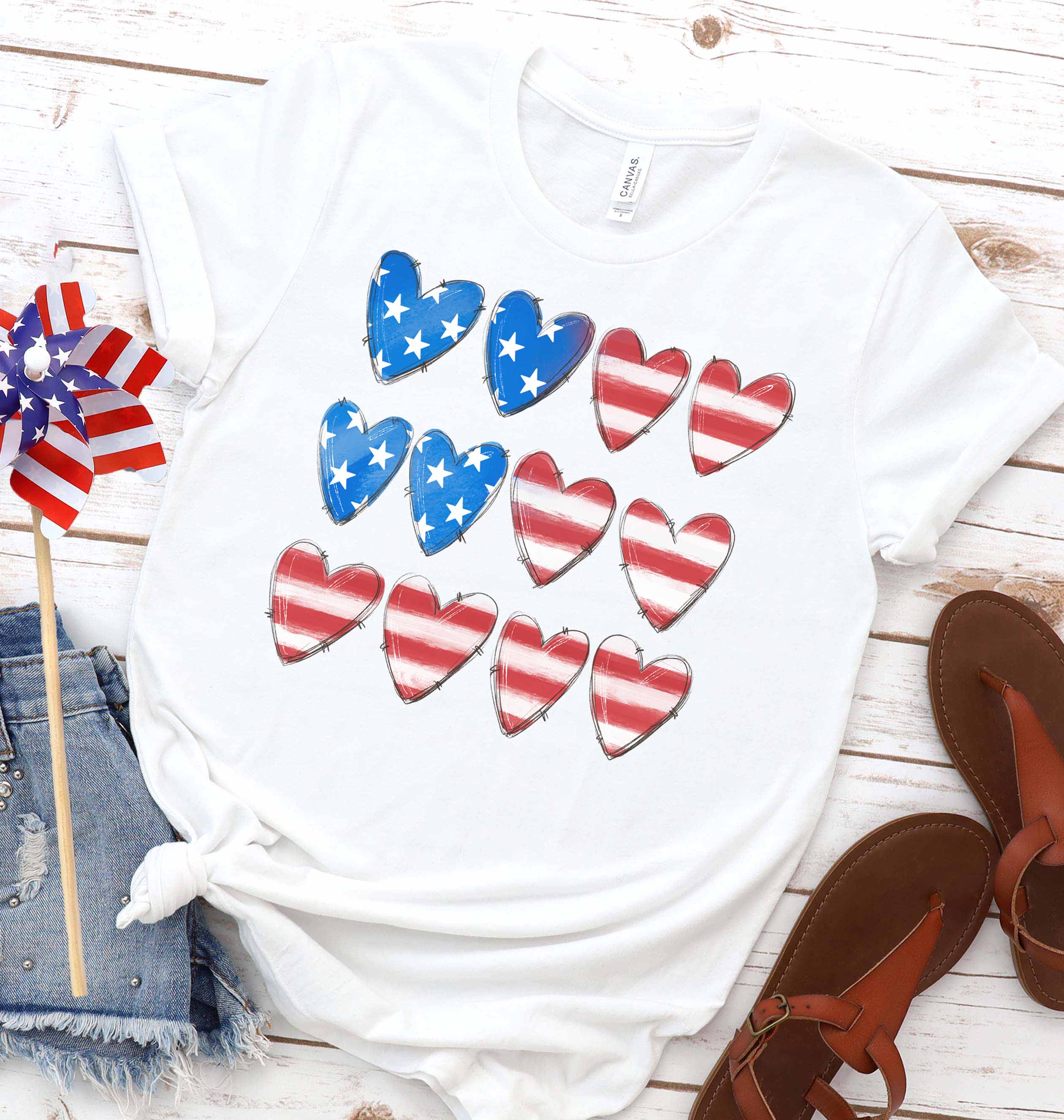 Red White and Blue Hearts Patriotic Flag Tee