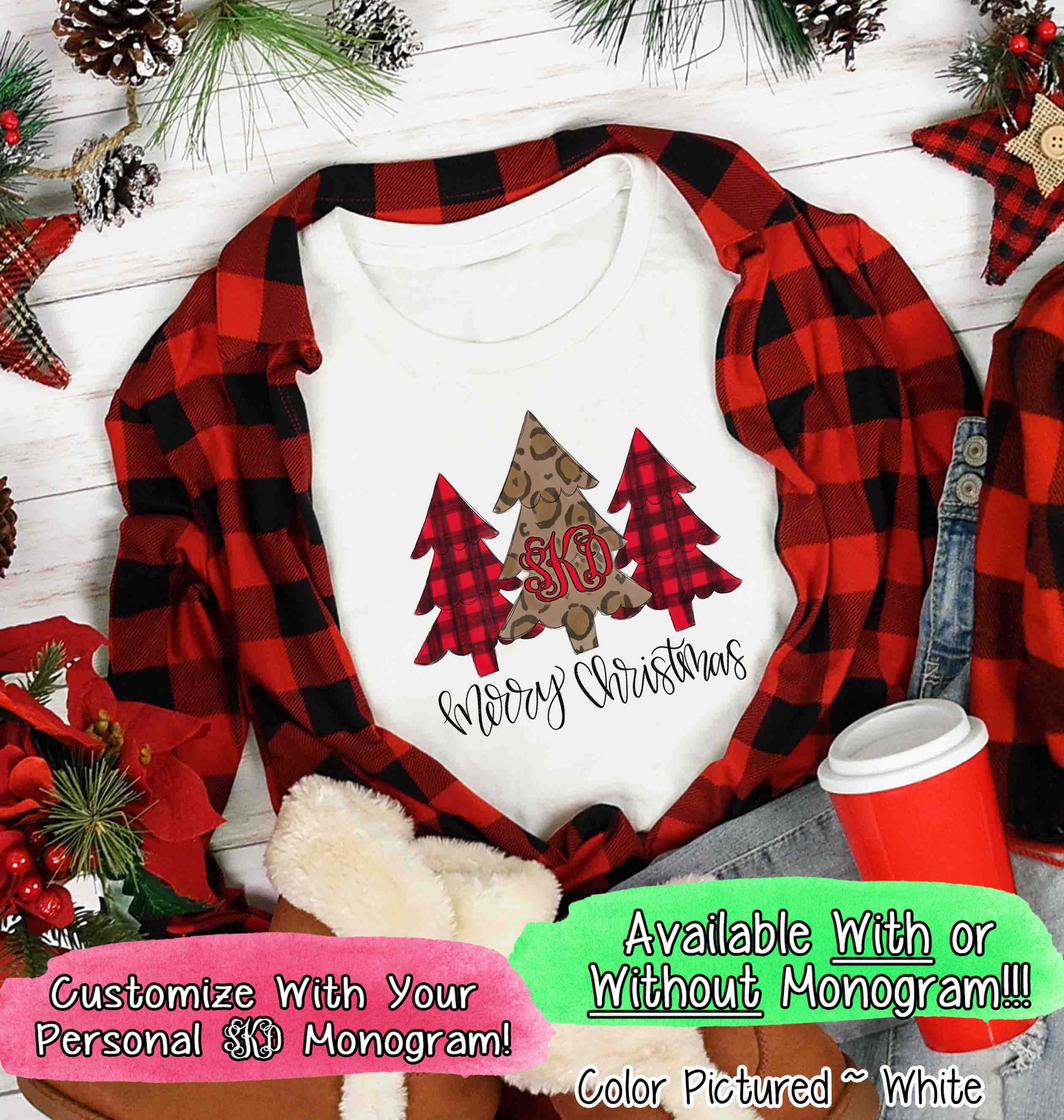 Monogrammed Red Buffalo Plaid and Leopard Christmas Trees Tee