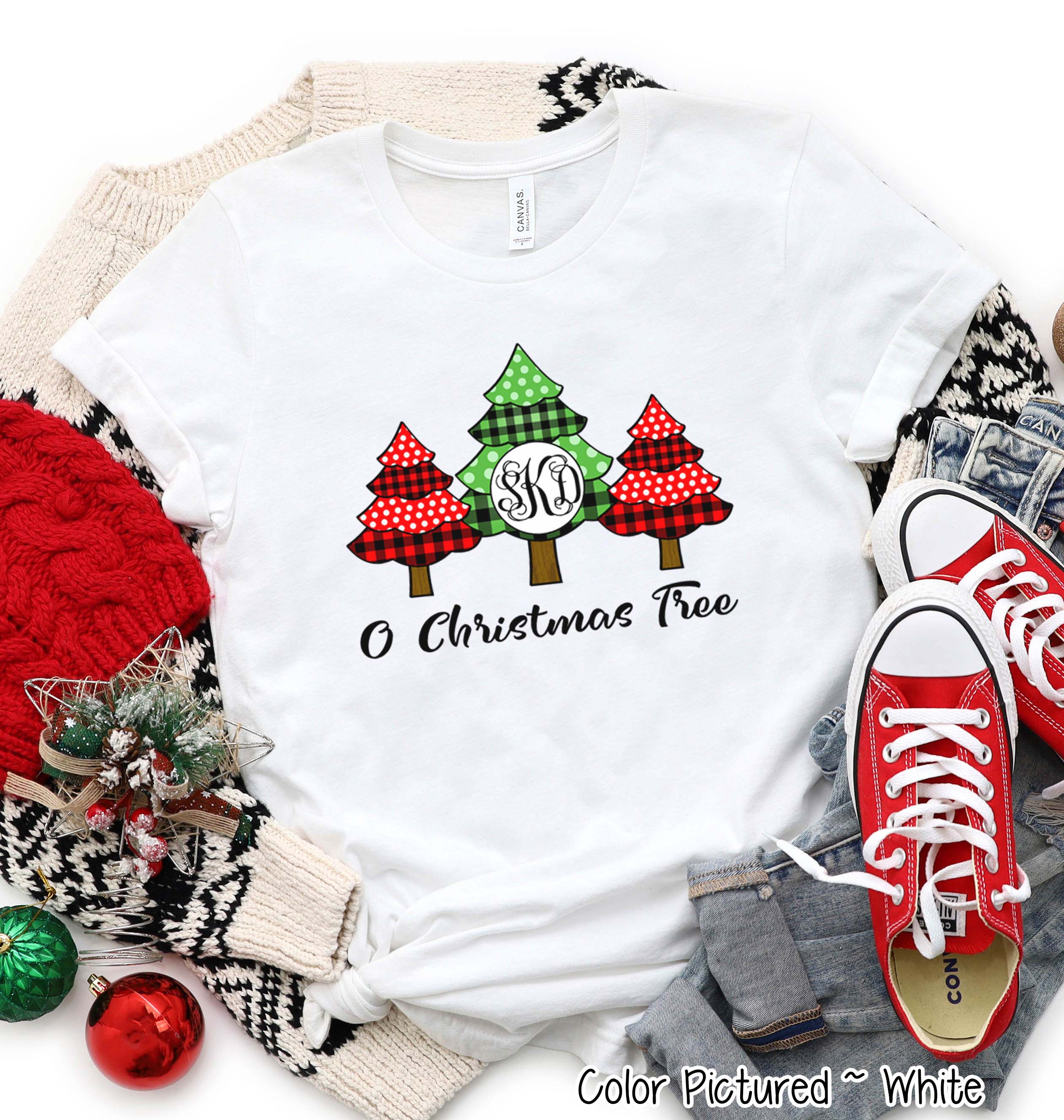 Monogrammed Red Green Plaid Christmas Tree Trio Tee