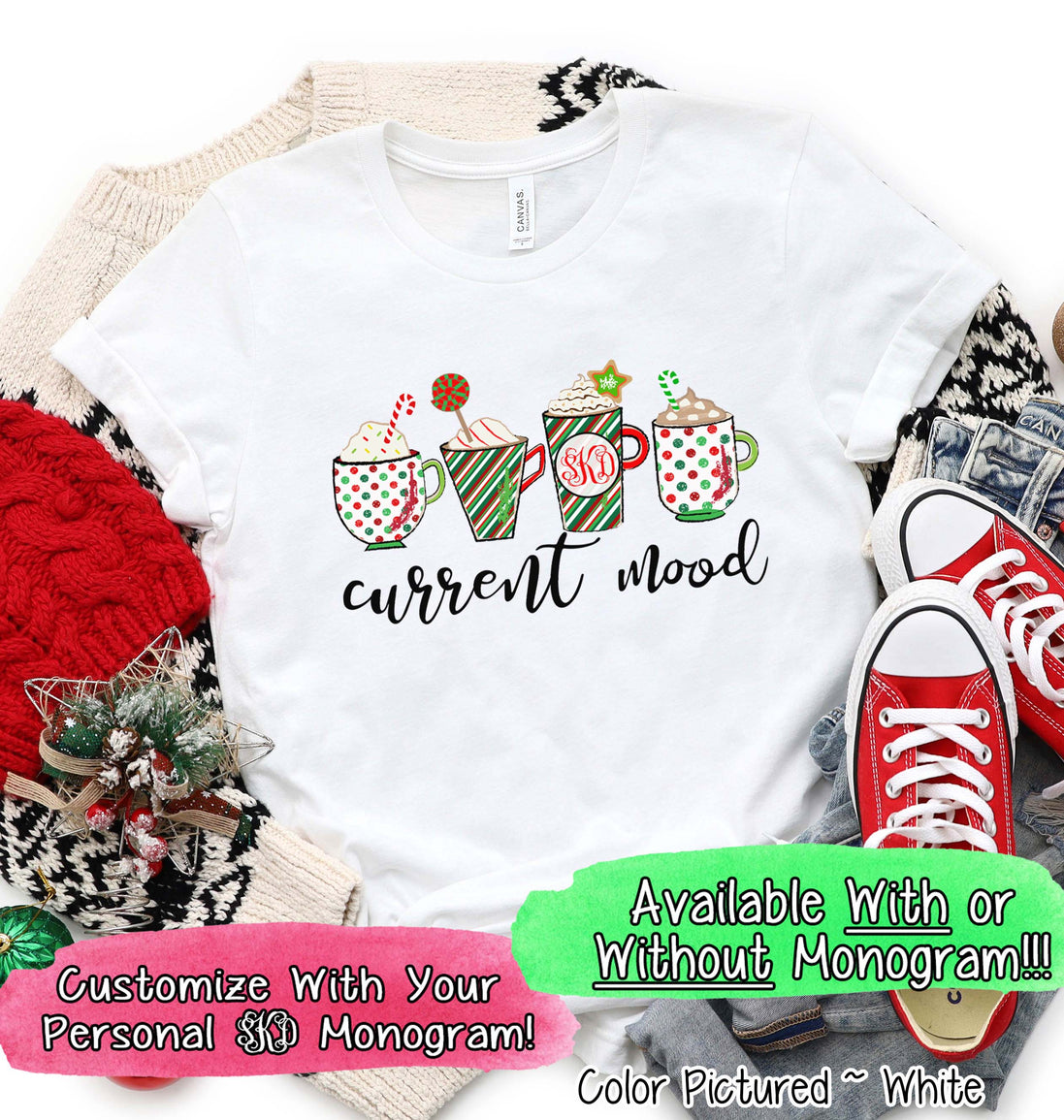 Monogrammed Coffee Latte Current Mood Christmas Tee