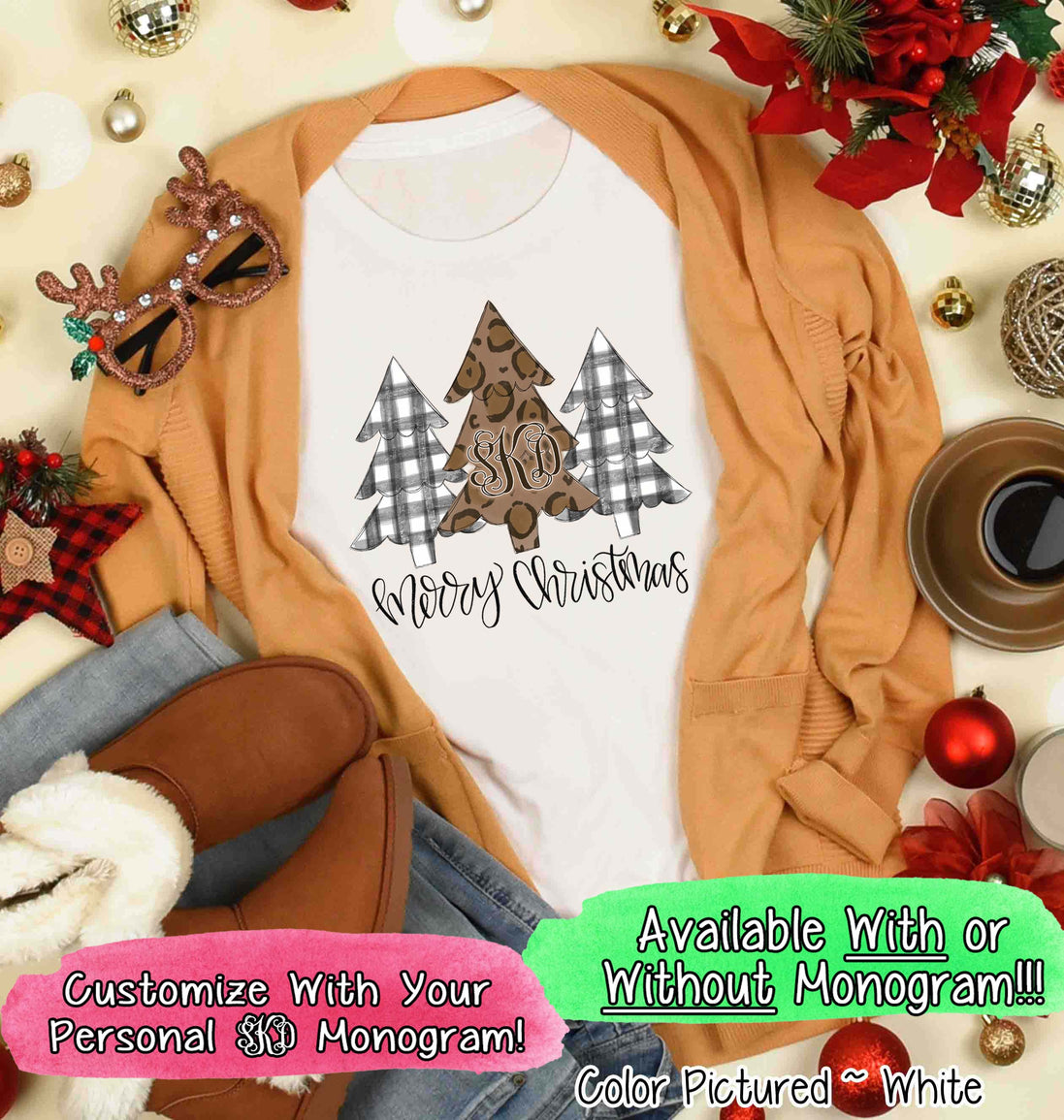 Monogrammed Black Buffalo Plaid and Leopard Christmas Trees Tee