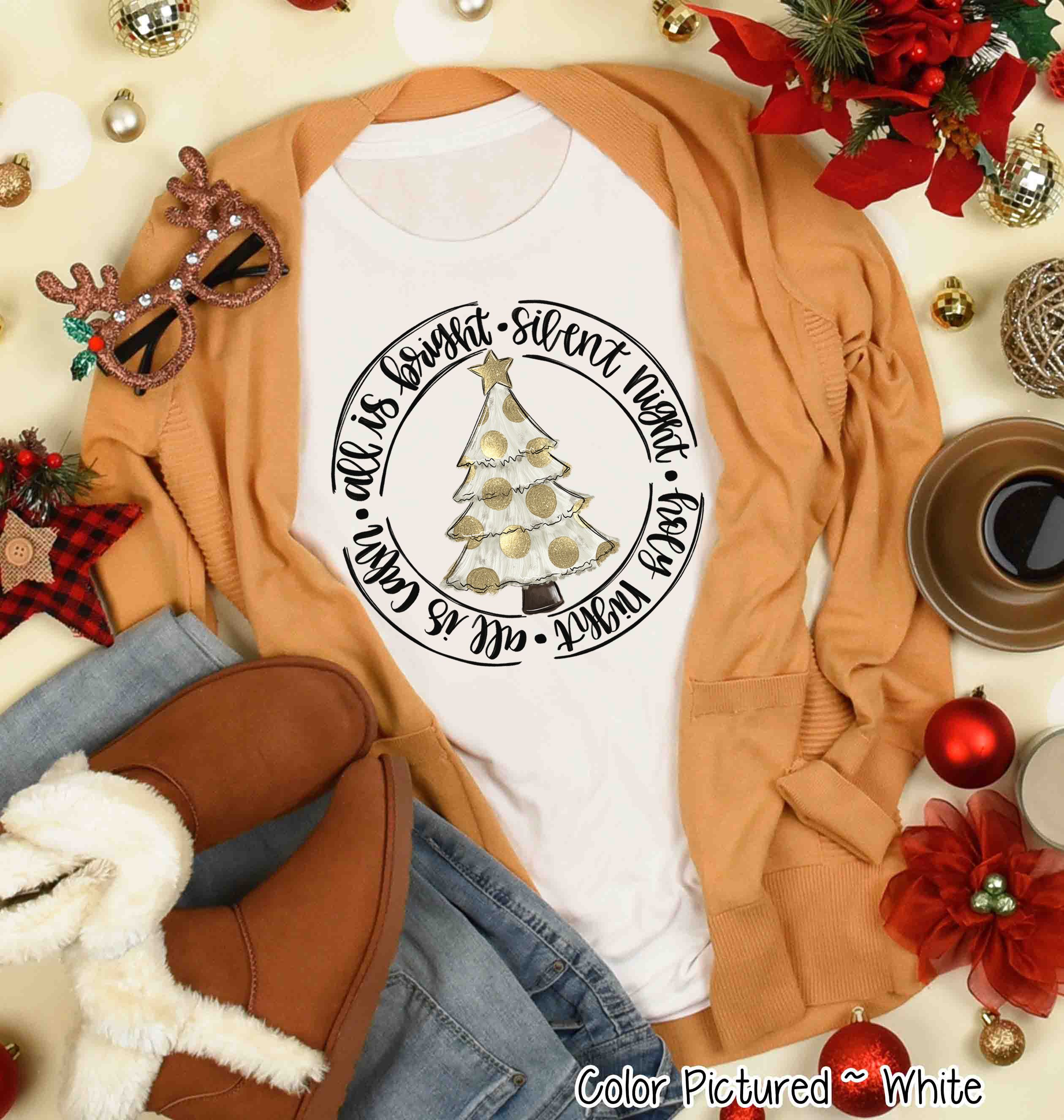 Silent Night White & Gold Dot Christmas Tree Tee